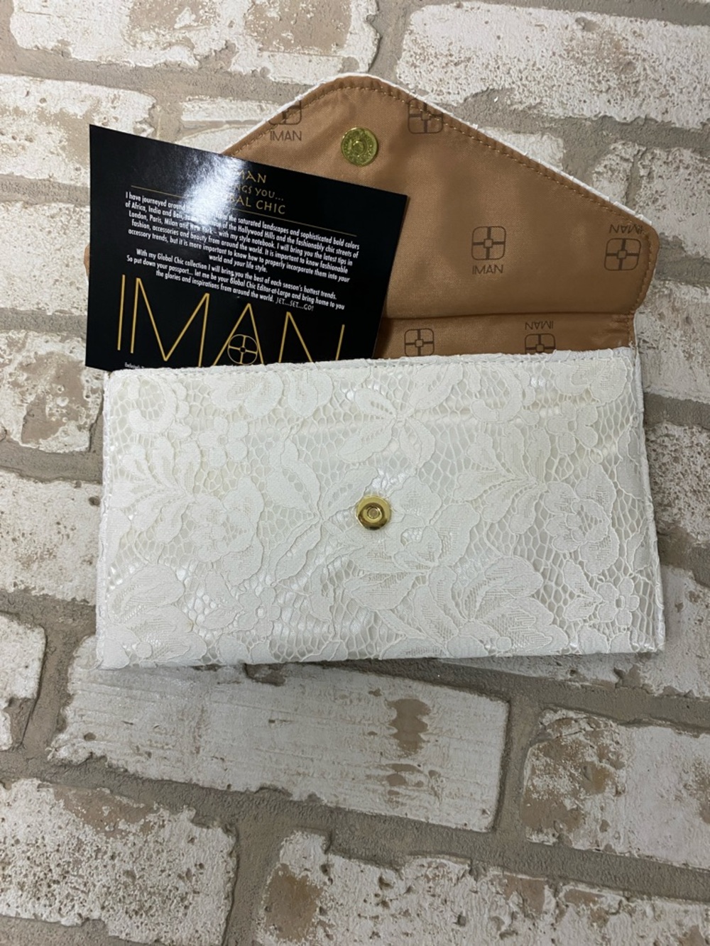 IMAN Ivory Lace Envelope Clutch with Gold Snap